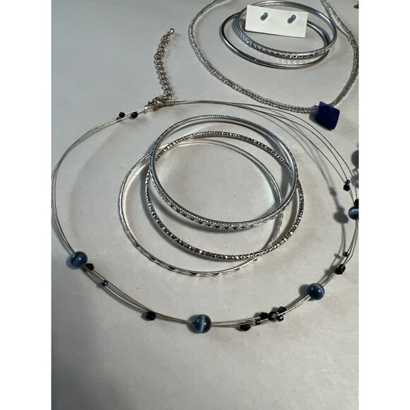 Multi-Layered Necklace & Jewelry Set: Blue Beads Silver Bangles - Picture 3 of 8